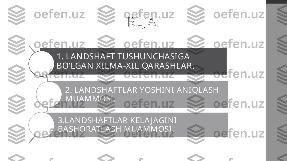 RE JA:
1. LANDSHAFT TUSHUNCHA SIGA 
BO’LGA N  X ILMA-X IL  QARASHLAR.
2. LA NDSHAFTLAR YOSHIN I AN I QLASH  
MUAMMOSI .
3.LAN DSHAFTLAR KELA J AGI NI  
BASHORATLASH  MUAMMOSI .  