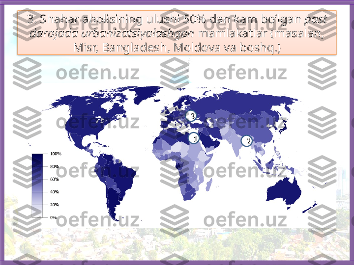 3. Shahar aholisining ulushi 50% dan kam bo‘lgan  past 
darajada  urbanizatsiyalashgan  mamlakatlar (masalan, 
Misr, Bangladesh, Moldova va boshq.)
3
21   