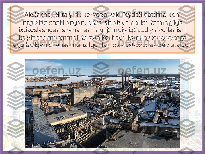 Aksincha, bitta yirik korxona yoki foydali qazilma koni 
negizida shakllangan, bitta ishlab chiqarish tarmog‘iga 
ixtisoslashgan shaharlarning ijtimoiy-iqtisodiy rivojlanishi 
ko‘pincha muammoli tarzda kechadi. Bunday xususiyatga 
ega bo‘lgan shahar manzilgohlari  monoshaharlar  deb ataladi.    