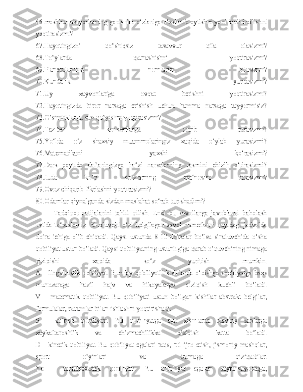 66.mashhur aktyorlarning gaplarini o‘zlariga o‘xshatib aytishni yani taqlid qilishni
yoqtirasizmi?
67.Hayotingizni   qo‘shiqsiz   tasavvur   qila   olasizmi?
68.To‘ylarda   qatnashishni   yoqtirasizmi?
69.Planetalarning   nomlarini   bilasizmi?
70.Kundalik   yuritasizmi?
71.Uy   xayvonlariga   ovqat   berishni   yoqtirasizmi?
72.Hayotingizda   biror   narsaga   erishish   uchun   hamma   narsaga   tayyormisiz?
73.O‘simliklarga suv qo‘yishni yoqtirasizmi?
74.Tez-tez   konsertlarga   borib   turasizmi?
75.Yo‘lda   o‘z   shaxsiy   muammolaringiz   xaqida   o‘ylab   yurasizmi?
76.Matematikani   yaxshi   ko‘rasizmi?
77.Dars   paytida   daftaringizga   ba‘zi   narsalarning   rasmini   chizib   o‘tirasizmi?
78.Juda   ko‘p   so‘zlarning   ma‘nosini   bilasizmi?
79.Ovoz chiqarib fikrlashni yoqtirasizmi?
80.Odamlar qiynalganda sizdan maslahat so‘rab turishadimi?
Tadqiqot   natijalarini   tahlil   qilish.   Endi   bu   savollarga   javoblarni   baholash
ustida  to‘xtalamiz.  Sinaluvchi  o‘zi   belgilagan  savol  nomerlarni  quyidagi   jadvalda
doira   ichiga   olib   chiqadi.   Qaysi   ustunda   8-10   doiralar   bo‘lsa   sinaluvchida   o‘sha
qobiliyat ustun bo‘ladi. Qaysi qobiliyatning ustunligiga qarab o‘quvchining nimaga
qiziqishi   xaqida   so‘z   yuritish   mumkin.
A – lingvinistik qobiliyat. Bunday qobiliyatli kishilarda o‘qishga she‘riyatga baxs
munozaraga   hazil   hajv   va   hikoyalarga   qiziqish   kuchli   bo‘ladi.
V   –   matematik   qobiliyat.   Bu   qobiliyati   ustun   bo‘lgan   kishilar   abstrakt   belgilar,
formulalar, raqamlar bilan ishlashni yoqtirishadi.
S   -   ko‘rish   qobiliyati.   Bu   qobiliyatga   ega   kishilarda   tasviriy   san‘atga
xaykaltaroshlik   va   chizmachilikka   qiziqish   katta   bo‘ladi.
D   -   kinetik   qobiliyat.   Bu   qobiliyat   egalari   raqs,   rol   ijro   etish,   jismoniy   mashqlar,
sport   o‘yinlari   va   dramaga   qiziqadilar.
Ye   –   tabiatsevarlik   qobiliyati.   Bu   qobiliyat   egalari   sayru-sayohatga, 