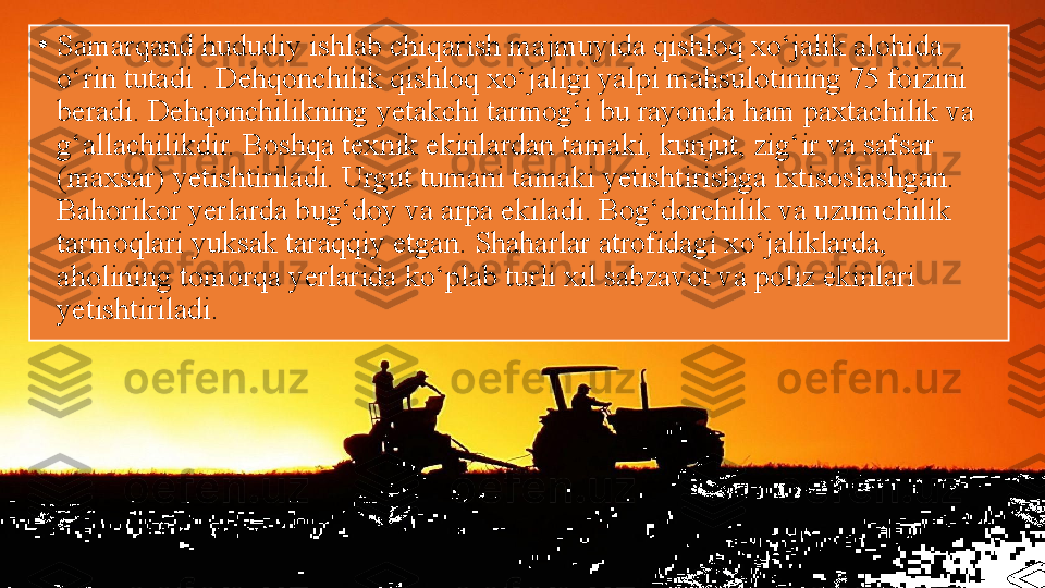 •
Samarqand hududiy ishlab chiqarish majmuyida qishloq xo‘jalik alohida 
o‘rin tutadi . Dehqonchilik qishloq xo‘jaligi yalpi mahsulotining 75 foizini 
beradi. Dehqonchilikning yetakchi tarmog‘i bu rayonda ham paxtachilik va 
g‘allachilikdir. Boshqa texnik ekinlardan tamaki, kunjut, zig‘ir va safsar 
(maxsar) yetishtiriladi. Urgut tumani tamaki yetishtirishga ixtisoslashgan. 
Bahorikor yerlarda bug‘doy va arpa ekiladi. Bog‘dorchilik va uzumchilik 
tarmoqlari yuksak taraqqiy etgan. Shaharlar atrofidagi xo‘jaliklarda, 
aholining tomorqa yerlarida ko‘plab turli xil sabzavot va poliz ekinlari 
yetishtiriladi. 