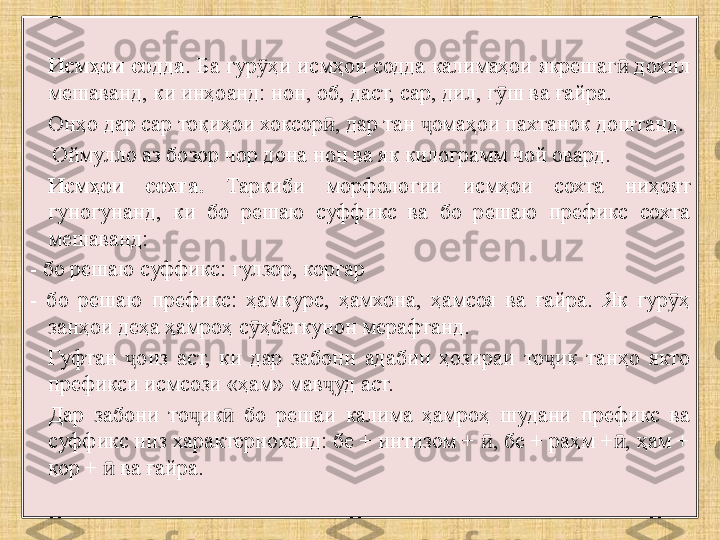 Исмҳои содда . Ба гур ҳи исмҳои содда калимаҳои якрешаг  дохил ӯ ӣ
мешаванд, ки инҳоанд: нон, об, даст, сар, дил, г ш ва ғайра.	
ӯ
Онҳо дар сар тоқиҳои хоксор , дар тан  омаҳои пахтанок доштанд.	
ӣ ҷ
     Оймулло аз бозор чор дона нон ва як килограмм чой овард. 
Исмҳои  сохта.   Таркиби  морфологии  исмҳои  сохта  ниҳоят 
гуногунанд,  ки  бо  решаю  суффикс  ва  бо  решаю  префикс  сохта 
мешаванд:
- бо решаю суффикс: гулзор, коргар
-  бо  решаю  префикс:  ҳамкурс,  ҳамхона,  ҳамсоя  ва  ғайра.  Як  гур ҳ 	
ӯ
занҳои деҳа ҳамроҳ с ҳбаткунон мерафтанд.	
ӯ
Гуфтан  оиз  аст,  ки  дар  забони  адабии  ҳозираи  то ик  танҳо  якто 	
ҷ ҷ
префикси исмсози «ҳам» мав уд аст.	
ҷ
Дар  забони  то ик   бо  решаи  калима  ҳамроҳ  шудани  префикс  ва 	
ҷ ӣ
суффикс низ характерноканд: бе + интизом +  , бе + раҳм + , ҳам + 	
ӣ ӣ
кор +   ва ғайра.	
ӣ 