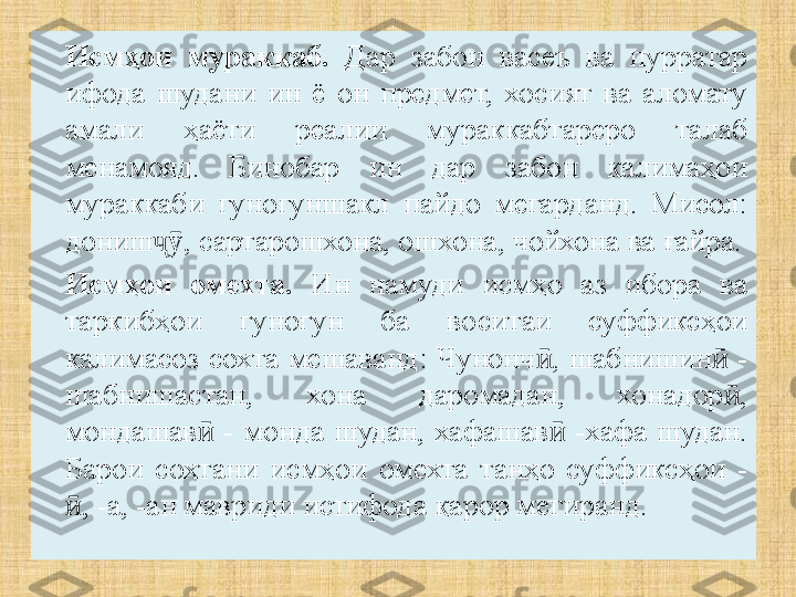 Исмҳои  мураккаб.   Дар  забон  васеъ  ва  пурратар 
ифода  шудани  ин  ё  он  предмет,  хосият  ва  аломату 
амали  ҳаёти  реалии  мураккабтареро  талаб 
менамояд.  Бинобар  ин  дар  забон  калимаҳои 
мураккаби  гуногуншакл  пайдо  мегарданд.  Мисол: 
дониш , сартарошхона, ошхона, чойхона ва ғайра.ҷӯ
Исмҳои  омехта.   Ин  намуди  исмҳо  аз  ибора  ва 
таркибҳои  гуногун  ба  воситаи  суффиксҳои 
калимасоз  сохта  мешаванд:  Чунонч ,  шабнишин   - 	
ӣ ӣ
шабнишастан,  хона  даромадан,  хонадор , 	
ӣ
мондашав   -  монда  шудан,  хафашав   -хафа  шудан. 	
ӣ ӣ
Барои  сохтани  исмҳои  омехта  танҳо  суффиксҳои  - 
, -а, -ан мавриди истифода қарор мегиранд.	
ӣ 