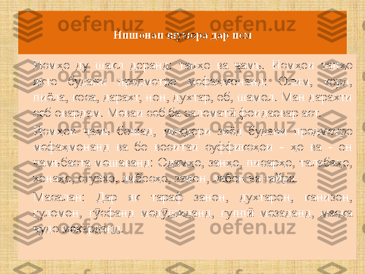 Нишонаи шумора дар исм
Исмҳо  ду  шакл  доранд:  танҳо  ва  амъ. ҷ Исм ҳои   танҳо 
якто  будани  предметро  мефаҳмона н д:  Олим,  корд, 
пиёла, коса, дарахт, нон, духтар, об, шамол. Ман дарахти 
себ овардам. Меваи себ ба саломат  фоидаовар аст.	
ӣ
Исмҳои  амъ  бошад	
ҷ ,   миқдори  зиёд  будани  предметро 
мефаҳмона н д  ва  бо  воситаи  суффиксҳои  -  ҳо  ва  -  он 
амъбаста мешаванд: Одамҳо, занҳо, писарҳо, талабаҳо, 	
ҷ
хонаҳо, стулҳо, либосҳо, занон, лабон ва ғайра.
Масалан:  Дар  як  тараф  занон,  духтарон,  канизон, 
ғуломон,  г сфанд  мед шиданд,  гупп   мезаданд,  маска 	
ӯ ӯ ӣ
удо мекарданд.	
ҷ 