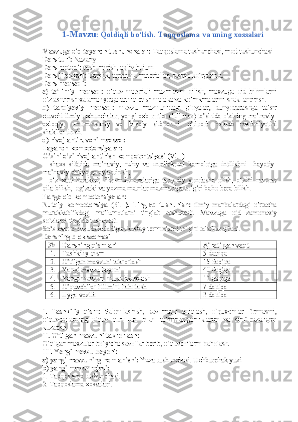             1- Mavzu :  Qoldiqli bo‘lish. Taqqoslama va uning xossalari
Mavzuga oid tayanch tushunchalar:   Taqqoslama tushunchasi, mod tushunchasi
Dars turi:  Nazariy
Dars metodi:  tushuntirish, aqliy hujum
Dars jihozlari:  Darslik, tarqatma materiallar,  rasmli ko`rgazma.
Dars maqsadi:
a)   ta’limiy   maqsad:   o’quv   materiali   mazmunini   bilish,   mavzuga   oid   bilimlarni
o’zlashtirish va amaliyotga tatbiq etish malaka va ko’nikmalarini shakllantirish. 
b)   tarbiyaviy   maqsad:   mavzu   mazmunidagi   g’oyalar,   dunyoqarashga   ta’sir
etuvchi ilmiy tushunchalar, yangi axborotlar (bilimlar) ta’sirida o’zining ma’naviy-
axloqiy,   umuminsoniy   va   kasbiy   sifatlarini,   e’tiqodi   hamda   madaniyatini
shakllantirish.
d) rivojlantiruvchi maqsad:   
Tayanch kompetensiyalar:
O‘zini o‘zi rivojlantirish kompetentsiyasi ( V1+ )
–   shaxs   sifatida   ma’naviy,   ruhiy   va   intellektual   kamolotga   intilishni     hayotiy-
ma’naviy ehtiyojga aylantirish;
–   o‘z   xatti-harakati,   fikr-mulohazalariga   tanqidiy   yondasha   olish,   o‘zini   nazorat
qila bilish,  og‘zaki va yozma matnlar mazmuniga to‘g‘ri baho bera bilish.
Fanga oid kompetensiyalar:
Nutqiy   kompetensiya   (B1+).   Tinglab   tushunish:   ilmiy   manbalardagi   o’rtacha
murakkablikdagi   ma’lumotlarni   tinglab   tushunadi.   Mavzuga   oid   zamonaviy
so`zlarni tinglab tushunadi. 
So‘zlash : mavzuda keladigan kasbiy terminlarni to`g`ri talaffuz qiladi. 
Darsning blok sxemasi
№ Darsning qismlari Ajratilgan vaqt
1. Tashkiliy qism 5 daqiqa
2. O’tilgan mavzuni takrorlash 15 daqiqa
3. Yangi mavzu bayoni 40 daqiqa
4. Yangi mavzuni mustahkamlash 10 daqiqa
5. O’quvchilar bilimini baholash 7 daqiqa
6. Uyga vazifa 3 daqiqa
I.   Tashkiliy   qism:   Salomlashish,   davomatni   aniqlash,   o’quvchilar   formasini,
o’quvchilarning   o’quv   qurollari   bilan   ta’minlanganliklarini   va   sinf   tozaligini
kuzatish.
II. O’tilgan mavzuni takrorlash:
O`tilgan mavzular bo`yicha savollar berib, o`quvchilarni baholash. 
III. Yangi mavzu bayoni:
a) yangi mavzuning nomlanishi:  Yuza tushunchasi. Uchburchak yuzi  
b) yangi mavzu rejasi:   
1.  Taqqoslama tushunchasi. 
2. Taqqoslama xossalari. 