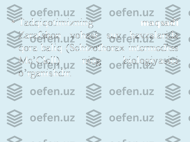 •
Tadqiqotimizning  maqsadi 
Zarafshon  vohasi  suv  havzalarida 
qora  baliq  (Schizothorax  intermedius 
Mc’Clell)  ning  biologiyasini 
o’rganishdir.    