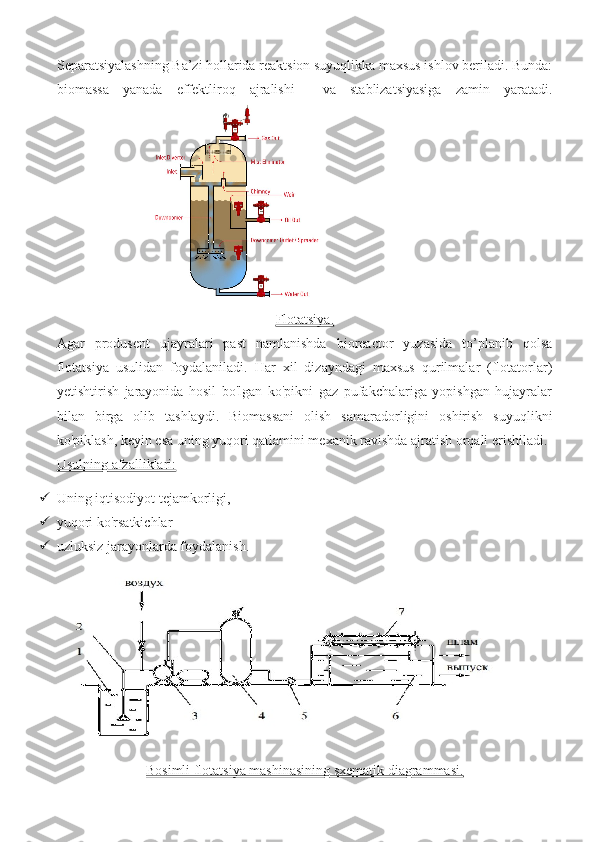 Separatsiyalashning Ba’zi hollarida reaktsion suyuqlikka maxsus ishlov beriladi. Bunda:
biomassa   yanada   effektliroq   ajralishi     va   stablizatsiyasiga   zamin   yaratadi.
Flotatsiya.
Agar   produsent   ujayralari   past   namlanishda   bioreactor   yuzasida   to’planib   qolsa
flotatsiya   usulidan   foydalaniladi.   Har   xil   dizayndagi   maxsus   qurilmalar   (flotatorlar)
yetishtirish   jarayonida   hosil   bo'lgan   ko'pikni   gaz   pufakchalariga   yopishgan   hujayralar
bilan   birga   olib   tashlaydi.   Biomassani   olish   samaradorligini   oshirish   suyuqlikni
ko'piklash, keyin esa uning yuqori qatlamini mexanik ravishda ajratish orqali erishiladi.
Usulning afzalliklari:
 Uning iqtisodiyot tejamkorligi, 
 yuqori ko'rsatkichlar 
 uzluksiz jarayonlarda foydalanish.
Bosimli flotatsiya mashinasining sxematik diagrammasi. 