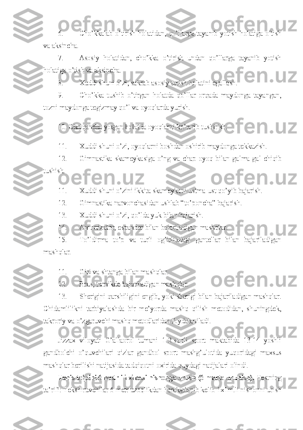 6. Cho’kkalab o’tirish holatidan, qo’llarga tayanib yotish holatiga o’tish
va aksincha. 
7. Asosiy   holatidan,   cho’kka   o’tirish   undan   qo’llarga   tayanib   yotish
holatiga o’tish va aksincha. 
8. Xuddi shuni o’zi, sakrab asosiy turish holatini egallash. 
9. Cho’kka   tushib   o’tirgan   holatda   qo’llar   orqada   maydonga   tayangan,
tozni maydonga tegizmay qo’l va oyoqlarda yurish. 
10. Chalqancha yotgan holatda oyoqlarni ko’tarib tushirish. 
11. Xuddi shuni o’zi, oyoqlarni boshdan oshirib maydonga tekkazish. 
12. Gimnastika   skameykasiga   o’ng   va   chap   oyoq   bilan   galma-gal   chiqib
tushish. 
11. Xuddi shuni o’zini ikkita skameykani ustma-ust qo’yib bajarish. 
12. Gimnastika narvonchasidan ushlab “to’poncha” bajarish. 
13. Xuddi shuni o’zi, qo’lda yuk bilan bajarish. 
14. Amortizator, espander bilan bajariladigan mashqlar. 
15. To’ldirma   to’p   va   turli   og’irlikdagi   gantellar   bilan   bajariladigan
mashqlar. 
11. Giri va shtanga bilan mashqlar. 
12. Brus, turnikda bajariladigan mashqlar. 
13. Sherigini qarshiligini engib, yoki sherigi bilan bajariladigan mashqlar.
Chidamlilikni   tarbiyalashda   bir   me’yorda   mashq   qilish   metodidan,   shuningdek,
takroriy va o’zgaruvchi mashq metodlaridan foydalaniladi. 
Jizzax   viloyati   G’allaorol   tumani   1-2-sonli   sport   maktabida   13-14   yoshli
gandbolchi   o’quvchilari   qizlar   gandbol   sport   mashg’ulotida   yuqoridagi   maxsus
mashqlar berilishi natijasida tadqiqotni oxirida quydagi natijalari olindi. 
Tenis to’pini 6 metrli 1x1m.li nishonga urush (6 marta urunish).  Testning
ta’rifi: Tekshiruvchilar 6 metr uzoqlikdan harakatlanib kelib 1x1m.li nishonni urish 