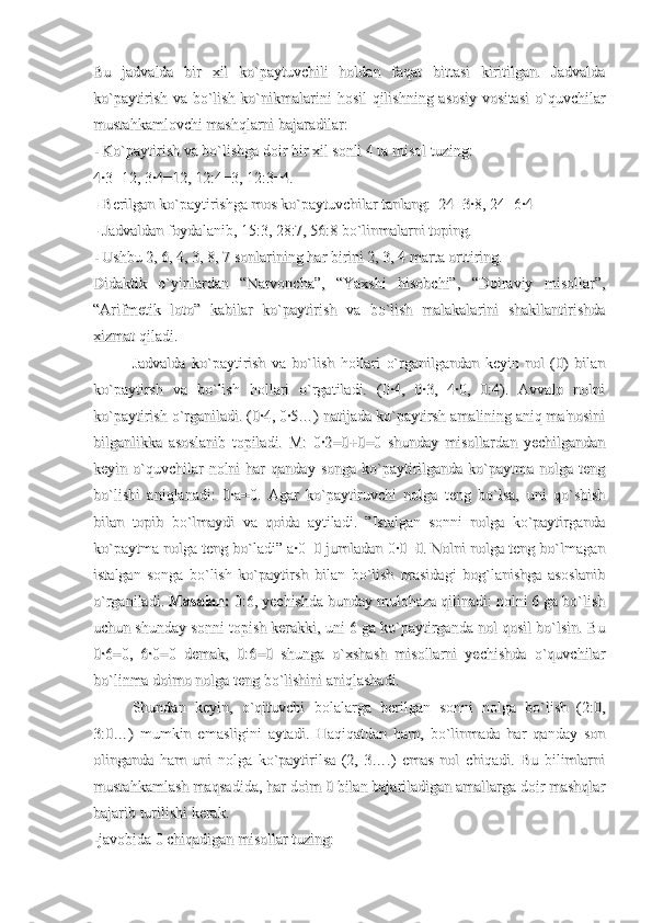 Bu   jadvalda   bir   xil   ko`paytuvchili   holdan   faqat   bittasi   kiritilgan.   JadvaldaBu   jadvalda   bir   xil   ko`paytuvchili   holdan   faqat   bittasi   kiritilgan.   Jadvalda
ko`paytirish va  bo`lish ko`nikmalarini  hosil  qilishning asosiy  vositasi  o`quvchilarko`paytirish va  bo`lish ko`nikmalarini  hosil  qilishning asosiy  vositasi  o`quvchilar
mustahkamlovchi mashqlarni bajaradilar:mustahkamlovchi mashqlarni bajaradilar:
- Ko`paytirish va bo`lishga doir bir xil sonli 4 ta misol tuzing: - Ko`paytirish va bo`lishga doir bir xil sonli 4 ta misol tuzing: 
4·3=12, 3·4=12, 12:4=3, 12:3=4.4·3=12, 3·4=12, 12:4=3, 12:3=4.
- Berilgan ko`paytirishga mos ko`paytuvchilar tanlang:  24=3·8, 24=6·4- Berilgan ko`paytirishga mos ko`paytuvchilar tanlang:  24=3·8, 24=6·4
- Jadvaldan foydalanib, 15:3, 28:7, 56:8 bo`linmalarni toping.- Jadvaldan foydalanib, 15:3, 28:7, 56:8 bo`linmalarni toping.
- Ushbu 2, 6, 4, 3, 8, 7 sonlarining har birini 2, 3, 4 marta orttiring.- Ushbu 2, 6, 4, 3, 8, 7 sonlarining har birini 2, 3, 4 marta orttiring.
Didaktik   o`yinlardan   “Narvoncha”,   “Yaxshi   hisobchi”,   “Doiraviy   misollar”,Didaktik   o`yinlardan   “Narvoncha”,   “Yaxshi   hisobchi”,   “Doiraviy   misollar”,
“Arifmetik   loto”   kabilar   ko`paytirish   va   bo`lish   malakalarini   shakllantirishda“Arifmetik   loto”   kabilar   ko`paytirish   va   bo`lish   malakalarini   shakllantirishda
xizmat qiladi. xizmat qiladi. 
Jadvalda   ko`paytirish   va   bo`lish   hollari   o`rganilgandan   keyin   nol   (0)   bilanJadvalda   ko`paytirish   va   bo`lish   hollari   o`rganilgandan   keyin   nol   (0)   bilan
ko`paytirsh   va   bo`lish   hollari   o`rgatiladi.   (0·4,   0·3,   4·0,   0:4).   Avvalo   nolniko`paytirsh   va   bo`lish   hollari   o`rgatiladi.   (0·4,   0·3,   4·0,   0:4).   Avvalo   nolni
ko`paytirish o`rganiladi. (0·4, 0·5…) natijada ko`paytirsh amalining aniq ma'nosiniko`paytirish o`rganiladi. (0·4, 0·5…) natijada ko`paytirsh amalining aniq ma'nosini
bilganlikka   asoslanib   topiladi.   M:   0·2=0+0=0   shunday   misollardan   yechilgandanbilganlikka   asoslanib   topiladi.   M:   0·2=0+0=0   shunday   misollardan   yechilgandan
keyin o`quvchilar  nolni   har   qanday  songa  ko`paytirilganda  ko`paytma  nolga tengkeyin o`quvchilar  nolni   har   qanday  songa  ko`paytirilganda  ko`paytma  nolga teng
bo`lishi   aniqlanadi:   0·a=0.   Agar   ko`paytiruvchi   nolga   teng   bo`lsa,   uni   qo`shishbo`lishi   aniqlanadi:   0·a=0.   Agar   ko`paytiruvchi   nolga   teng   bo`lsa,   uni   qo`shish
bilan   topib   bo`lmaydi   va   qoida   aytiladi.   ”Istalgan   sonni   nolga   ko`paytirgandabilan   topib   bo`lmaydi   va   qoida   aytiladi.   ”Istalgan   sonni   nolga   ko`paytirganda
ko`paytma nolga teng bo`ladi” a·0=0 jumladan 0·0=0. Nolni nolga teng bo`lmaganko`paytma nolga teng bo`ladi” a·0=0 jumladan 0·0=0. Nolni nolga teng bo`lmagan
istalgan   songa   bo`lish   ko`paytirsh   bilan   bo`lish   orasidagi   bog`lanishga   asoslanibistalgan   songa   bo`lish   ko`paytirsh   bilan   bo`lish   orasidagi   bog`lanishga   asoslanib
o`rganiladi. o`rganiladi. 
Masalan:Masalan:
 0:6, yechishda bunday mulohaza qilinadi: nolni 6 ga bo`lish 0:6, yechishda bunday mulohaza qilinadi: nolni 6 ga bo`lish
uchun shunday sonni topish kerakki, uni 6 ga ko`paytirganda nol qosil bo`lsin. Buuchun shunday sonni topish kerakki, uni 6 ga ko`paytirganda nol qosil bo`lsin. Bu
0·6=0,   6·0=0   demak,   0:6=0   shunga   o`xshash   misollarni   yechishda   o`quvchilar0·6=0,   6·0=0   demak,   0:6=0   shunga   o`xshash   misollarni   yechishda   o`quvchilar
bo`linma doimo nolga teng bo`lishini aniqlashadi.bo`linma doimo nolga teng bo`lishini aniqlashadi.
Shundan   keyin,   o`qituvchi   bolalarga   berilgan   sonni   nolga   bo`lish   (2:0,Shundan   keyin,   o`qituvchi   bolalarga   berilgan   sonni   nolga   bo`lish   (2:0,
3:0…)   mumkin   emasligini   aytadi.   Haqiqatdan   ham,   bo`linmada   har   qanday   son3:0…)   mumkin   emasligini   aytadi.   Haqiqatdan   ham,   bo`linmada   har   qanday   son
olinganda   ham   uni   nolga   ko`paytirilsa   (2,   3….)   emas   nol   chiqadi.   Bu   bilimlarniolinganda   ham   uni   nolga   ko`paytirilsa   (2,   3….)   emas   nol   chiqadi.   Bu   bilimlarni
mustahkamlash maqsadida, har doim 0 bilan bajariladigan amallarga doir mashqlarmustahkamlash maqsadida, har doim 0 bilan bajariladigan amallarga doir mashqlar
bajarib turilishi kerak.bajarib turilishi kerak.
-javobida 0 chiqadigan misollar tuzing: -javobida 0 chiqadigan misollar tuzing:  