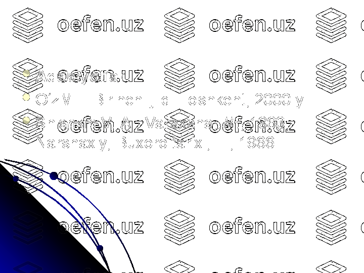 
AdabiyotlarAdabiyotlar

O zME. Birinchi jild. To shkent, 2000-yil ʻO zME. Birinchi jild. To shkent, 2000-yil ʻ

Shishkin V. A., Varaxsha, M., 1963; Shishkin V. A., Varaxsha, M., 1963; 
Narshaxiy, Buxoro tarixi, T. , 1966Narshaxiy, Buxoro tarixi, T. , 1966 