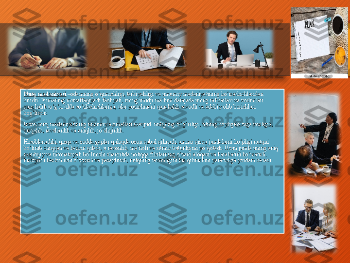 Nutq madaniyati  –odamning o‘qimishligi, tarbiyaliligi va umumiy madaniyatining ko‘rsatkichlaridan 
biridir. Firmaning muvaffaqiyatli faoliyati, uning imidji ma’lum darajada uning rahbarlari va xodimlari 
qanchalik to‘g‘ri tilda so‘zlashishlariga, ular yozishmani qanchalik savodli va adabiy olib borishlari 
bog‘liqdir.
Inson nutq madaniyatining umumiy alomatlari mavjud: nutqning to‘g‘riligi; tilning boyligi(o‘ziga xosligi); 
qisqalik; ravshanlik va aniqlik; jo‘shqinlik.
Hisoblanadiki, qisqa va sodda gaplar quloqda oson qabul qilinadi, ammo qisqa jumlalarni ko‘pligi nutqni 
bo‘linib chiqqan va keskin qiladi, u ravonlik, ma’noli va ritmik butunligini yo‘qotadi. Uzun jumla uning aniq 
mantiqiy va intonatsiyali bo‘linishi sharoitida notiqqa fikrlarning o‘zaro aloqasi va harakatini ko‘rsatish, 
hissiyotli keskinlikni o‘stirish va pasaytirish, nutqning ravonligini his qilinishini yaratishga yordam beradi.   