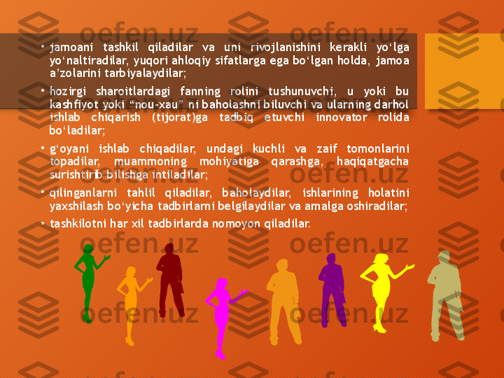 •
jamoani  tashkil  qiladilar  va  uni  rivojlanishini  kerakli  yo‘lga 
yo‘naltiradilar, yuqori ahloqiy sifatlarga ega bo‘lgan holda, jamoa 
a’zolarini tarbiyalaydilar;
•
hozirgi  sharoitlardagi  fanning  rolini  tushunuvchi,  u  yoki  bu 
kashfiyot yoki “nou-xau” ni baholashni biluvchi va ularning darhol 
ishlab  chiqarish  (tijorat)ga  tadbiq  etuvchi  innovator  rolida 
bo‘ladilar;
•
g‘oyani  ishlab  chiqadilar,  undagi  kuchli  va  zaif  tomonlarini 
topadilar,  muammoning  mohiyatiga  qarashga,  haqiqatgacha 
surishtirib bilishga intiladilar;
•
qilinganlarni  tahlil  qiladilar,  baholaydilar,  ishlarining  holatini 
yaxshilash bo‘yicha tadbirlarni belgilaydilar va amalga oshiradilar;
•
tashkilotni har xil tadbirlarda nomoyon qiladilar.  