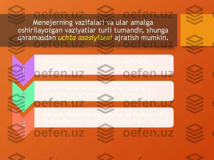 Menejerning vazifalari va ular amalga 
oshirilayotgan vaziyatlar turli tumandir, shunga 
qaramasdan  uchta asosiylarni  ajratish mumkin.
1 •
M enejer tashkilotning asosiy vazifalarini 
belgilaydi
2 •
M enejer ichki va tashqi muhit haqidagi 
axborotlarni to‘playdi, ularni tarqatadi
2 •
M enejer tashkilotning ichidagi va tashqarisidagi 
munosabatlarni shakllantiruvchi  rahbar bo’ladi.     