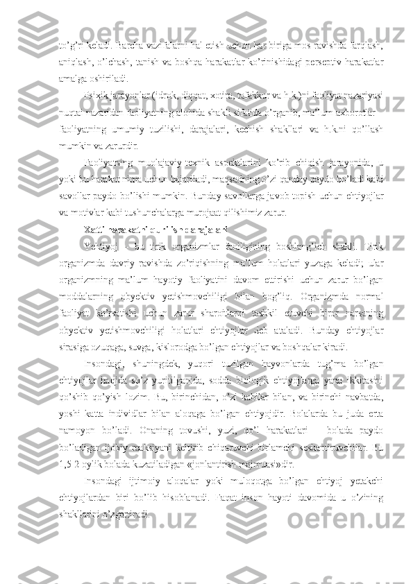 to’g’ri keladi. Barcha vazifalarni hal etish uchun har biriga mos ravishda farqlash,
aniqlash, o’lchash, tanish va boshqa  harakatlar ko’rinishidagi  perseptiv harakatlar
amalga oshiriladi. 
Psixik jarayonlar (idrok, diqqat, xotira, tafakkur va h.k.)ni faoliyat nazariyasi
nuqtai nazaridan faoliyatning alohida shakli sifatida o’rganib, ma’lum axborotlar –
faoliyatning   umumiy   tuzilishi,   darajalari,   kechish   shakllari   va   h.k.ni   qo’llash
mumkin va zarurdir. 
Faoliyatning   muolajaviy-texnik   aspektlarini   ko’rib   chiqish   jarayonida,   u
yoki bu harakat nima uchun bajariladi, maqsadning o’zi qanday paydo bo’ladi kabi
savollar paydo bo’lishi mumkin. Bunday savollarga javob topish uchun ehtiyojlar
va motivlar kabi tushunchalarga murojaat qilishimiz zarur.
Xatti harakatni qurilish darajalari
Yehtiyoj   –   bu   tirik   organizmlar   faolligining   boshlang’ich   shakli.   Tirik
organizmda   davriy   ravishda   zo’riqishning   ma’lum   holatlari   yuzaga   keladi;   ular
organizmning   ma’lum   hayotiy   faoliyatini   davom   ettirishi   uchun   zarur   bo’lgan
moddalarning   obyektiv   yetishmovchiligi   bilan   bog’liq.   Organizmda   normal
faoliyat   ko’rsatishi   uchun   zarur   sharoitlarni   tashkil   etuvchi   biror   narsaning
obyektiv   yetishmovchiligi   holatlari   ehtiyojlar   deb   ataladi.   Bunday   ehtiyojlar
sirasiga ozuqaga, suvga, kislorodga bo’lgan ehtiyojlar va boshqalar kiradi. 
Insondagi,   shuningdek,   yuqori   tuzilgan   hayvonlarda   tug’ma   bo’lgan
ehtiyojlar   haqida   so’z   yuritilganida,   sodda   biologik   ehtiyojlarga   yana   ikkitasini
qo’shib   qo’yish   lozim.   Bu,   birinchidan,   o’zi   kabilar   bilan,   va   birinchi   navbatda,
yoshi   katta   individlar   bilan   aloqaga   bo’lgan   ehtiyojdir.   Bolalarda   bu   juda   erta
namoyon   bo’ladi.   Onaning   tovushi,   yuzi,   qo’l   harakatlari   –   bolada   paydo
bo’ladigan   ijobiy   reaksiyani   keltirib   chiqaruvchi   birlamchi   seskantiruvchilar.   Bu
1,5-2 oylik bolada kuzatiladigan «jonlantirish majmuasi»dir. 
Insondagi   ijtimoiy   aloqalar   yoki   muloqotga   bo’lgan   ehtiyoj   yetakchi
ehtiyojlardan   biri   bo’lib   hisoblanadi.   Faqat   inson   hayoti   davomida   u   o’zining
shakllarini o’zgartiradi.  