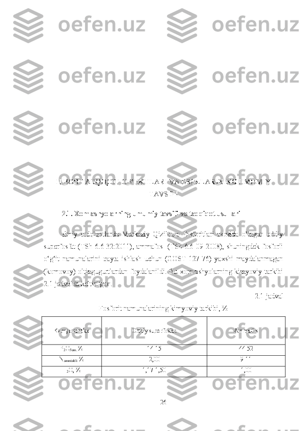 II BOB TADQIQOT OB’EKTLARI VA USULLARINING UMUMIY
TAVSIFI 
2.1. Xom ashyolarning umumiy tavsifi va tadqiqot usullari
Ilmiy   tadqiqotlarda   Markaziy   Qizilqum   fosforitlari   asosida   olingan   oddiy
superfosfat  (TSh 6.6-32:2011), ammafos   (TSh 6.6-09-2008), shuningdek fosforli
o‘g‘it   namunalarini   qayta   ishlash   uchun   (GOST   127-76)   yaxshi   maydalanmagan
(komovoy) oltingugurtlardan foydalanildi. Bu xom ashyolarning kimyoviy tarkibi
2.1-jadvalda keltirilgan. 
2.1-jadval
Fosforit namunalarining kimyoviy tarkibi, %
Komponentlar Oddiy superfosfat Ammafos 
P
2 O
5 um.  % 14 - 15 44 - 52
N
ammiakli  % 2,00 9-11
H
2 O , % 1,17-1,50 1, 00
26 