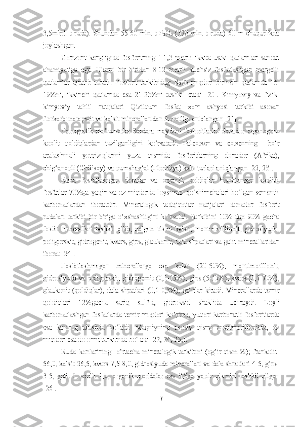 3,5mlrd.  t  ruda).  Shundan   55-60  mln.  t  P
2 O
5   (320  mln.  t  rud a )  60  m   chuqurlikda
joylashgan.
Gorizont   kengligida   fosforitning   1-1,3   metrli   ikkita   ustki   qatlamlari   sanoat
ahamiyatiga   ega.   Ularni   bir   biridan   8-12   metrli   kuchsiz   fosfatlashgan   mergelli
qatlamlar   ajratib   turadi.   Fosforit   tarkibidagi   R
2 O
5   miqdori   birinchi   qatlamda   16-
19%ni,   ikkinchi   qatlamda   esa   21-23%ni   tashkil   etadi   [20].   Kimyoviy   va   fizik-
kimyoviy   tahlil   natijalari   Qizilqum   fosfat   xom   ashyosi   tarkibi   asosan
ftorkarbonatapatit va kalsit minerallaridan iboratligi aniqlangan [21].
Petrografik ma’lumotlar Sardara maydoni fosforitlarini donador organogen-
koolit   qoldiqlardan   tuzilganligini   ko‘rsatadi.   Paleotsen   va   eotsenning     bo‘r
aralashmali   yotqiziqlarini   yuza   qismida   fosforitlarning   donador   (Afrika),
chig‘anoqli (Chilisoy) va qumshag‘al (Floridiya) kabi turlari aniqlangan [22, 23].
Ruda   fosfatlashgan   donalar   va   organik   qoldiqlar   hisoblangan   koolitli
fosfatlar   70%ga  yaqin  va oz  miqdorda  loysimon  qo‘shimchalari  bo‘lgan sementli
karbonatlardan   iboratdir.   Mineralogik   tadqiqotlar   natijalari   donador   fosforit
rudalari   tarkibi   bir-biriga   o‘xshashligini   ko‘rsatdi.   Tarkibini   10%   dan   90%   gacha
fosfat   minerallari   tashkil   qilib,   qolgan   qismi   kalsit,   montmorillionit,   gidroslyuda,
poligorskit, gidrogenit, kvars, gips, glaukonit, dala shpatlari va galit minerallaridan
iborat [24].
Fosfatlashmagan   minerallarga   esa   kalsit   (20-50%),   montimorillonit,
gidroslyuda va poligorskit, gidrogemit (0,1-15%), gips (5-10%), kvars (0,1-70%),
glaukonit (qoldiqlar), dala shpatlari (0,1-0,3%), galitlar kiradi. Minerallarda temir
qoldiqlari   12%gacha   sariq   sulfid,   gidroksid   shaklida   uchraydi.   Loyli
karbonatlashgan fosfatlarda temir miqdori ko‘proq, yuqori karbonatli fosforitlarda
esa   kamroq   ulushda   bo‘ladi.   Magniyning   asosiy   qismi   montmorillonitda,   oz
miqdori esa dolomit tarkibida bo‘ladi [22, 24, 25,].
Ruda  konlarining   o‘rtacha  mineralogik  tarkibini  (og‘ir   qism  %);  frankolit-
56,0, kalsit-26,5, kvars-7,5-8,0, gidroslyuda minerallari va dala shpatlari 4-5, gips-
3-5,   getit-1,   seolit   1,0,   organik   moddalar   esa   0,5ga   yaqin   qismini   tashkil   qilgan
[26]. 
7 