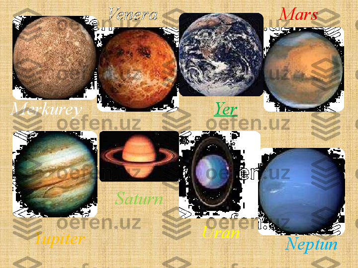 Merkurey Venera
Yer Mars
     Uran
Neptun     Saturn
Yupiter 