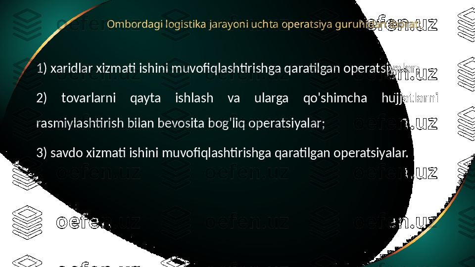 Ombordagi logistika jarayoni uchta operatsiya guruhidan iborat:
1) xaridlar xizmati ishini muvofiqlashtirishga qaratilgan operatsiyalar;
2)  tovarlarni  qayta  ishlash  va  ularga  qo'shimcha  hujjatlarni 
rasmiylashtirish bilan bevosita bog'liq operatsiyalar;
3) savdo xizmati ishini muvofiqlashtirishga qaratilgan operatsiyalar. 