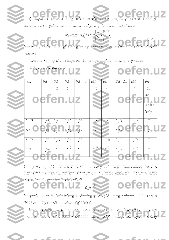 b)   suyuqlik   (muxit)   ning   erkin   harakatlanishi   majburiy   h arakatlanishiga
qarama-qarshi yо‘nalgan hol uchun qо‘yidagi formulani  taklif etadi:Nu	=0,021	Re	s0,8	Pr	s0,43
(
Pr	s	
Pr	дев	)
0,25
εl
(1 0 .4)
bunda  	
ε1   -truba   uzunligi   l   ning   uning   diametri   d   ga   nisbatini   hisobga   oluvchi
tuzatma.
Tuzatma 	
εl  ning  l /d nisbatga va  Re  soniga bog‘liq  holdagi  qiymatlari 
10. 3-jadvalga keltirilgan
Re
s l /d 
=1 l /d 
=2 l /d 
=5 l /d  =10 l /d 
=15 l /d 
=20 l /d  =30 l /d 
=40 l/d 
=50 
va 
undan
k о ‘p 	
1·1	04
2	
· 1 0 4 1,65
1,51 1,50  
1,40 1,31  
1,27 1,23
1,18 TTt
1,3    1,3  
1,10 1,07
1,05    1,03  
1,02 1,0  
1,0
5·104
1 0 5 1,31
1,28 1,27
1,22   1,18
1,15   1,13
1,10   1,10
1,08   1,08
1,06   1,04
1,03   [,02
1,02   1,0
1,0  
(10.1)   va     (10.4)   formulalar   kesimi   doiraviy   bо‘lmagan   trubalardagi   issiqlik
berilishini hisoblashda qо‘llanilishi mumkin. Bu holda xarakterli о‘lcham sifatida
ekvivalent diametrdan foydalaniladi.	
dэкв=4F
V
bu   yerda   F—truba   kо‘ndalang   kesimning   yuzasi;   V-uning   perimetri     10 4  
  <Re
s   <
2·10 6  
va       0,7<Pr
s <200    uchun tо‘g‘ri keladi.
Shuni   nazarda   tutish   kerakki,   issiqlik   berilishini   va   formulalar   bо‘yicha
hisoblash   oraliq   soha   2300<Re<10000   uchun   tо‘g‘ri   natija   bermaydi.   Bunday 