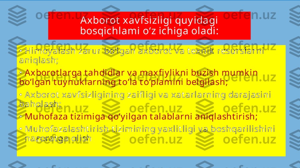 A xborot  xav fsizligi quy idagi 
bosqichlami o‘z ichiga oladi:
•  Himoy alash zarur bo‘lgan axborot  v a t exnik  resurslarni 
aniqlash;
•  Axborot larga t ahdidlar v a maxfi y lik ni buzish mumk in 
bo‘lgan t uy nuk larning t o‘la t o‘plamini belgilash;
•  Axborot  xav fsizligining zaifl igi v a xat arlarning darajasini 
baholash;
•  Muhofaza t izimiga qo‘y ilgan t alablarni aniqlasht irish;
•
Muhofazalasht irish t izimining y axlit ligi v a boshqarilishini 
nazorat ga olish 