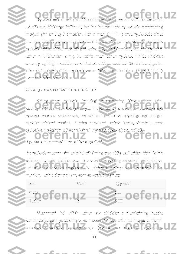 Ryukzak vektor ochiq kalit hisoblanadi. Ochiq matnni shifrlash uchun bit
uzunlikdagi   bloklarga   bo'linadi,   har   bir   bit   esa   orqa   ryukzakda   elementning
mavjudligini   aniqlaydi   (masalan,   ochiq   matn   (111100)   orqa   ryukzakda   oltita
mumkin   bo'lgan   narsalarning   dastlabki   to'rtdan   biriga   mos   keladi).   Bu   birlik
ryukzak   ichida   ob'ekt   mavjudligini   ko'rsatadi,   deb   ishoniladi,  va   uning  yo'qligi
uchun   nol.   Shundan   so'ng,   bu   ochiq   matn   uchun   ryukzak   ichida   ob'ektlar
umumiy   og'irligi   hisoblab,   va   shifrotext   sifatida   uzatiladi[28].Ushbu   algoritm
bilan  shifrlash   misoli:Bir   ryukzak   vektor   belgilangan   bo'lsin   a=(3,4,6,7,10,  11)
uzoq n=6 bilan Aniqlash
Orqa ryukzak vazifasini shakllantirish
Keling,   orqa   ryukzaki   haqidagi   muammoning   klassik   formulasini
keltiraylik   (naqsh   vazifalari).Vaziyat:   massa   uchun   cheklangan   quvvatga   ega
ryukzak   mavjud;   shuningdek,   ma'lum   bir   og'irlik   va   qiymatga   ega   bo'lgan
narsalar   to'plami   mavjud.   Bunday   narsalarni   tanlash   kerak,   shunda   u   orqa
ryukzakga joylashtiriladi va maksimal qiymatga (narxga) ega bo'ladi.
Ryukzak muammosini hal qilish algoritmi
Bir ryukzak muammosini aniq hal qilishning eng oddiy usullaridan birini ko'rib
chiqing:   bu   to'liq   qidirish   usuli.   Biz   v   kabi   naqshning   maksimal   og'irligini   va
turli xil narsalar sonini belgilaymiz N. to'plamda mutlaqo bir xil narsalar bo'lishi
mumkin.Har bir element: ism, vazn va xarajat (qiymat):
Ismi Vazn   Qiymati
Kitob 1 600
Dürbün 2 5000
Muammoni   hal   qilish   uchun   siz   ob ' ektlar   to ' plamlarining   barcha
kombinatsiyalarini   yaratishingiz   va   massasi   W   dan   ortiq   bo ' lmagan   to ' plamni
tanlashingiz   kerak   va   umumiy   xarajat   ( boshqa   mos   keladigan   to ' plamlarga
21 