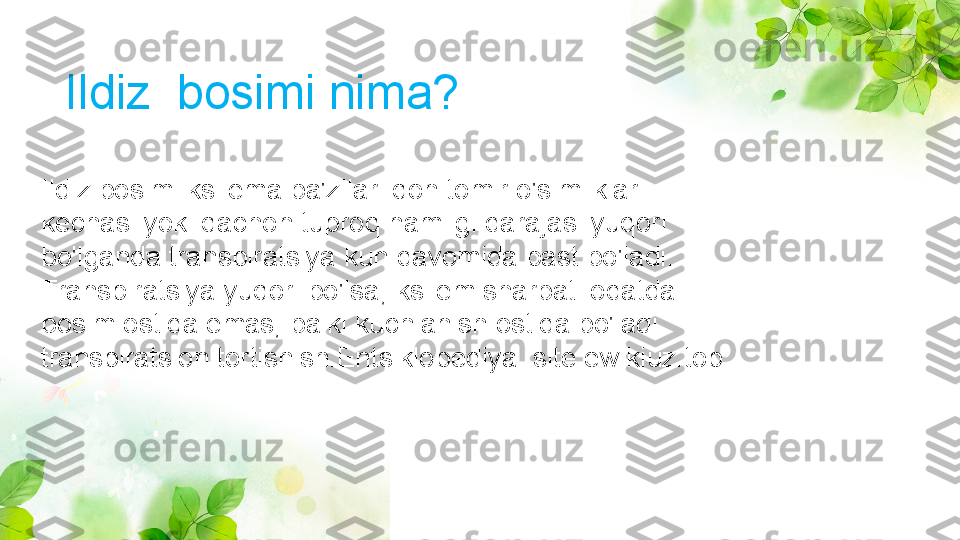 Ildiz  bosimi nima? 
Ildiz bosimi ksilema ba'zilari qon tomir o'simliklar 
kechasi yoki qachon tuproq namligi darajasi yuqori 
bo'lganda transpiratsiya kun davomida past bo'ladi. 
Transpiratsiya yuqori bo'lsa, ksilem sharbati odatda 
bosim ostida emas, balki kuchlanish ostida bo'ladi 
transpiratsion tortishish.Entsiklopediya  site:ewikiuz.top 