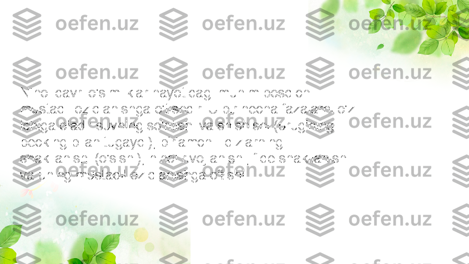 Nihol davri o'simliklar hayotidagi muhim bosqich - 
mustaqil oziqlanishga o'tishdir. U bir necha fazalarni o'z 
ichiga oladi: suvning so'rilishi va shishishi (urug'ning 
pecking bilan tugaydi); birlamchi ildizlarning 
shakllanishi (o'sishi); nihol rivojlanishi; fide shakllanishi 
va uning mustaqil oziqlanishga o'tishi. 