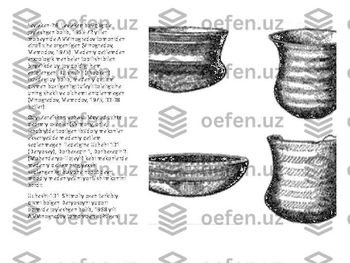 Lavlakan-26. Lavlakan botiqligida 
joylashgan bolib, 1965-72 yillar 
mobaynida A.V.Vinogradov tomonidan 
atroflicha organilgan (Vinogradov, 
Mamedov, 1975). Madaniy qatlamdan 
arxeologik manbalar topilishi bilan 
birgalikda uy-joy qoldigi ham 
aniqlangan. Bu sinchli (chopkari) 
tarzdagi uy bolib, madaniy qatlam 
qisman buzilganligi tufayli tolaligicha 
uning shakli va olchami aniqlanmagan 
(Vinogradov, Mamedov, 1975, 33-38 
betlar).
Quyi Zarafshon vohasi. Mavjud uchta 
qadimiy ozanlar (shimoliy, orta, 
janubiy)da topilgan ibtidoiy makonlar 
aksariyatida madaniy qatlam 
saqlanmagan. Faqatgina Uchahi 131 
(Daryosay), Dorbazaqir 1, Dorbazaqir 2 
(Mohandaryo-Hojayli) kabi makonlarda 
madaniy qatlamning yaxshi 
saqlanganligi bu voha neolit davri 
moddiy madaniyatini yoritish imkonini 
berdi:
Uchashi-131  Shimoliy ozan tarkibiy 
qismi bolgan Daryosoyni yuqori 
oqimida joylashgan bolib, 1968 yili 
A.V.Vinogradov tomonidan ochilgan. 