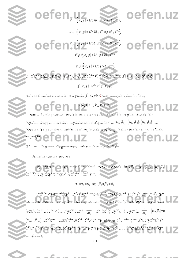 V1=	{(x,y)∊U	:M	1xm1<y<δ1xm1},V
2 =	
{( x , y	) ∊ U : M
2 x m
2
< y < δ
2 x m
2	}
,
V
3 =	
{( x , y	) ∊ U : δ
2 x m
2
< y < M
1 x m
1	}
,
V
4 =	
{( x , y	) ∊ U : y < M
2 x m
2	}
,
V
5 =	
{( x , y	) ∊ U : y > δ
1 x m
1	}
,
to’plamlarga ajratish mumkinki, har bir 	
Vi  to’plamlarda 	f(x,y)  funksiyasi
f	
( x , y	) = x k
1
y k
2	~
f	( x , y	) .
ko’rinishda tasvirlanadi. Bu yerda 	
~f(x,y)−¿ kasr darajali qator bo’lib,	
~f(0,0	)≠0,k1,k1∊R≥0.
   Isbot.  Buning uchun dastlab darajalar ustida ish olib boraylik. Bunda biz 
Nyuton diagrammasidan foydalanamiz. Agar bizda 
( α
1 , β
1	) ,
 	( α
2 , β
2	) ,
 	( α
3 , β
3	)   lar 
Nyuton ko’pburchagi uchlari bo’lsa, bunda quyidagi  hollardan birortasi bo’lishi
mumkin.
2.1-hol.   Nyuton diagrammasi uchta uchga ega bo’lsin.
      Aniqlik uchun dastlab
a)   Nyuton   diagrammasi   uchlari   mos   ravishda  	
( α
1 , β
1	) ,
 	( α
2 , β
2	) ,
 	( α
3 , β
3	)
bo’lib,quyidagi tengsizlik o’rinli bo’lsin.	
α1<α2<α3
  va  	β3<β2<β1.
        Endi biz yuqoridagi funksiyani maxsuslik masalasini yechish uchun  V
i  egri
uchburchaklarni   qaraylik,   buning   uchun     Nyuton   ko’pburchagini   qiyaliklari
kerak bo’ladi, biz bu qiyaliklarni    − 1
m
i    deb belgilaylik. Bu yerda    − 1
m
i      	
(αi,βi)va	
(αi+1,βi+1)
  uchlarni   tutashtiruvchi   chiziqning  	absissa   o’qining   musbat   yo’nalishi
bilan   hosil   qilgan   burchagining   tangensiga   teng   bo’ladi.   Shunga   ko’ra   m
i   larni
aniqlasak,
31 