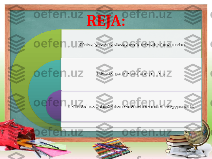 REJA:
I.O’rtaqiymat,modavamedianahaqidatushuncha.
II.Mavzugadoirmasalalaryechish.
III.Testsinovi.Mustahkamlashuchunmashqvauygavazifa.          