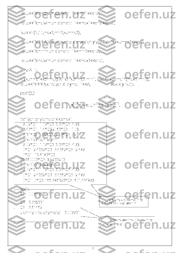 cout<<"\tminimum elementi="<<min1<<endl;
cout<<"\tmaksimum elementi="<<max1<<endl<<endl;
kursishi(b,10,max2,min2,summa2);
cout<<"\n\n\n\tb matritsaning elementlari yig'indisi="<<summa2<<endl;
cout<<"\tminimum elementi="<<min2<<endl;
cout<<"\tmaksimum elementi="<<max2<<endl;
long Z=0;
if (summa1<summa2) Z=k2+summa2-min1; else Z=summa1*(max2-min2);
cout<<"\n\n\n\tso'ralgan Z qiymat="<<Z; //asosiy natija
getch();}–––––––––––––––––––––––––––––––––––––––––––––––––––––––––––––––––––––
Natija va uning tahlili.
berilgan tenglamalar sistemasi:
╔ 7.09*C1+1.17*C2-2.23*C3=4.75
╢ 0.43*C1+1.4*C2-0.62*C3=-1.05
╚ 3.21*C1-1.25*C2+2.13*C3=-5.06
1-hisoblashdan keyin:
╔ 7.09*C1+1.17*C2-2.23*C3=4.75
╢ 0*C1-9.4229*C2+3.4369*C3=9.487
╚ 0*C1+12.6182*C2-
22.260002*C3=51.122902
2-hisoblashdan keyin:
╔ 7.09*C1+1.17*C2-2.23*C3=4.75
╢ 0*C1-9.4229*C2+3.4369*C3=9.487
╚ 0*C1+0*C2-166.386292*C3=601.434875
natija:
C1=-0.083251
Tenglamalar sistemasining
C2=-2.325221
GAUSS usulidagi yechimi
C3=-3.61469
ularning o'rta arigmetigi=-2.007721
Tenglama yechimalri va ularning
o’rta arifmetigi
17 