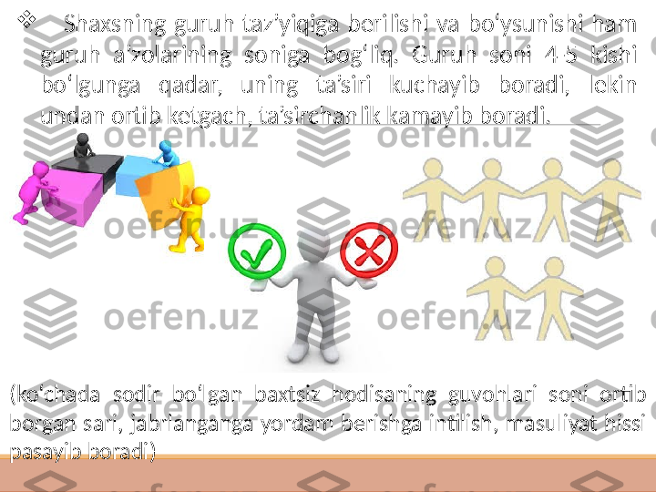  
 
      S haxsning  guruh  taz’yiqiga  berilishi  va  bo‘ysunishi  ham 
guruh  a’zolarining  soniga  bog‘liq.  Guruh  soni  4-5  kishi 
bo‘lgunga  qadar,  uning  ta’siri  kuchayib  boradi,  lekin 
undan ortib ketgach, ta’sirchanlik kamayib boradi.
( ko‘chada  sodir  bo‘lgan  baxtsiz  hodisaning  guvohlari  soni  ortib 
borgan  sari,  jabrlanganga  yordam  berishga  intilish,  masuliyat  hissi 
pasayib boradi ) 