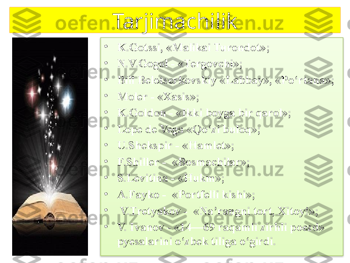 Tarjimachilik
•
K.Gotssi, «Malikai Turondot» ;
•
N.V.Gogol  -  «Tergovchi» ;
•
Bill Belotserkovskiy «Labbay», «Po‘rtana» ;
•
Moler  -  «Xasis» ;
•
K.Goldon  -  «Ikki boyga bir qarol» ;
•
Lope de Vega «Qo‘zi bulo q » ;
•
U.S h ekspir  -  «Hamlet» ;
•
F.S h iller  -   «Bosmachilar» ;
•
S.Levitina  -  «Hukm» ;
•
A.Fayko  -   «Portfelli kishi» ;
•
  V.Tretyakov  -   «Na’rangni tort, Xitoy!» ;
•
V. Ivanov  -  «14—69 raqamli zirhli poezd» 
p y esalarini o‘zbek tiliga o‘girdi.   