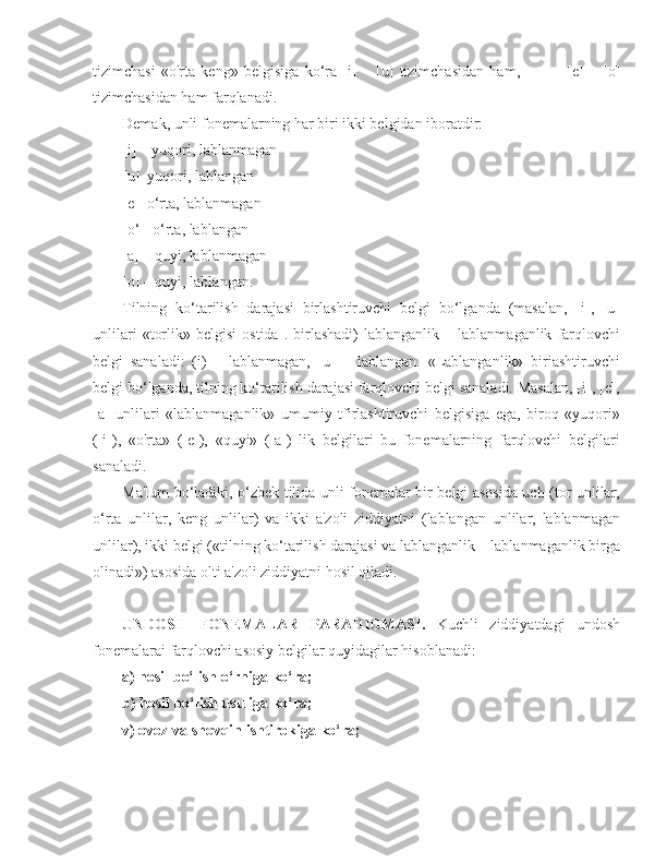 tizimchasi   «o'rta   keng»   belgisiga   ko‘ra   [i]   –   [u]   tizimchasidan   ham,                 [e]   –   [o]
tizimchasidan ham farqlanadi.
Demak, unli fonemalarning har biri ikki belgidan iboratdir:
[i] – yuqori, lablanmagan
[u]–yuqori, lablangan
[e]–o‘rta, lablanmagan
[o‘]–o‘rta, lablangan
[a] – quyi, lablanmagan
[o] – quyi, lablangan.
Tilning   ko‘tarilish   darajasi   birlashtiruvchi   belgi   bo‘lganda   (masalan,   [i],   [u]
unlilari   «torlik»   belgisi   ostida   .   birlashadi)   lablanganlik   –  lablanmaganlik   farqlovchi
belgi   sanaladi:   (i)   –   lablanmagan,   [u]   –   lablangan.   «Lablanganlik»   biriashtiruvchi
belgi bo‘lganda, tilning ko‘tarilish darajasi farqlovchi belgi sanaladi. Masalan, [i], [e],
[a]   unlilari   «lablanmaganlik»   umumiy   tfirlashtiruvchi   belgisiga   ega,   biroq   «yuqori»
([i]),   «o'rta»   ([e]),   «quyi»   ([a])   lik   belgilari   bu   fonemalarning   farqlovchi   belgilari
sanaladi.
Ma'lum bo‘ladiki, o‘zbek tilida unli fonemalar bir belgi asosida uch (tor unlilar,
o‘rta   unlilar,   keng   unlilar)   va   ikki   a'zoli   ziddiyatni   (lablangan   unlilar,   lablanmagan
unlilar), ikki belgi («tilning ko‘tarilish darajasi va lablanganlik – lablanmaganlik birga
olinadi») asosida olti a'zoli ziddiyatni hosil qiladi.
UNDOSH   FONEMALAR   PARADIGMASI .   Kuchli   ziddiyatdagi   undosh
fonemalarai   farqlovchi asosiy belgilar quyidagilar hisoblanadi:
a)   hosil bo‘lish o‘rniga ko‘ra;
b )  hosil bo‘lish usuliga ko‘ra;
v )  ovoz va shovqin ishtirokiga ko‘ra; 