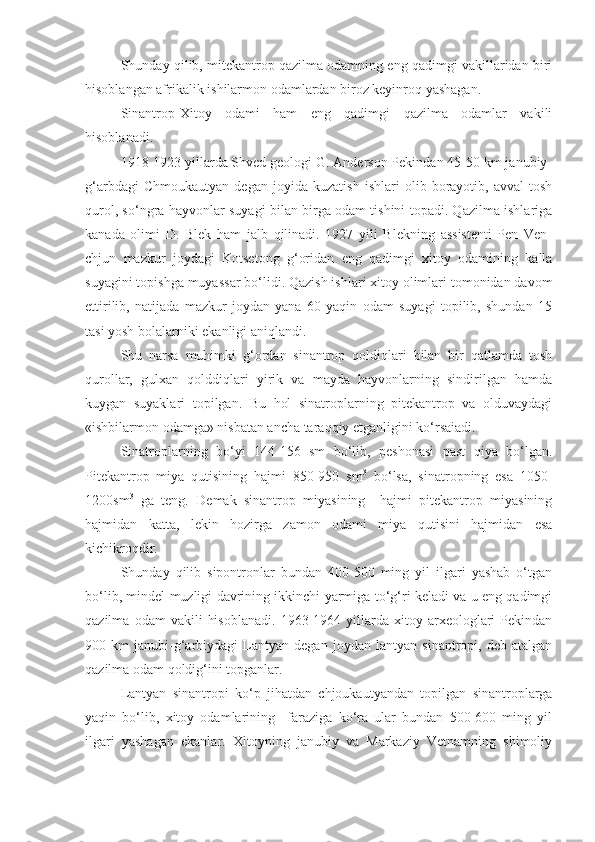 Shunday qilib, mitekantrop qazilma odamning eng qadimgi vakillaridan biri
hisoblangan afrikalik ishilarmon odamlardan biroz keyinroq yashagan.
Sinantrop-Xitoy   odami   ham   eng   qadimgi   qazilma   odamlar   vakili
hisoblanadi.
1918-1923 yillarda Shved geologi G. Anderson Pekindan 45-50 km janubiy-
g‘arbdagi   Chmoukautyan   degan   joyida   kuzatish   ishlari   olib   borayotib,   avval   tosh
qurol, so‘ngra hayvonlar suyagi bilan birga odam tishini topadi. Qazilma ishlariga
kanada   olimi   D.   Blek   ham   jalb   qilinadi.   1927   yili   Blekning   assistenti   Pen   Ven-
chjun   mazkur   joydagi   Kotsetong   g‘oridan   eng   qadimgi   xitoy   odamining   kalla
suyagini topishga muyassar bo‘lidi. Qazish ishlari xitoy olimlari tomonidan davom
ettirilib,   natijada   mazkur   joydan   yana   60   yaqin   odam   suyagi   topilib,   shundan   15
tasi yosh bolalarniki ekanligi aniqlandi.
Shu   narsa   muhimki   g‘ordan   sinantrop   qoldiqlari   bilan   bir   qatlamda   tosh
qurollar,   gulxan   qolddiqlari   yirik   va   mayda   hayvonlarning   sindirilgan   hamda
kuygan   suyaklari   topilgan.   Bu   hol   sinatroplarning   pitekantrop   va   olduvaydagi
«ishbilarmon odamga» nisbatan ancha taraqqiy etganligini ko‘rsaiadi. 
Sinatroplarning   bo‘yi   144-156   sm   bo‘lib,   peshonasi   past   qiya   bo‘lgan.
Pitekantrop   miya   qutisining   hajmi   850-950   sm 3
  bo‘lsa,   sinatropning   esa   1050-
1200sm 3
  ga   teng.   Demak   sinantrop   miyasining     hajmi   pitekantrop   miyasining
hajmidan   katta,   lekin   hozirga   zamon   odami   miya   qutisini   hajmidan   esa
kichikroqdir. 
Shunday   qilib   sipontronlar   bundan   400-500   ming   yil   ilgari   yashab   o‘tgan
bo‘lib, mindel muzligi davrining ikkinchi yarmiga to‘g‘ri keladi va u eng qadimgi
qazilma   odam   vakili   hisoblanadi.   1963-1964   yillarda   xitoy  arxeologlari   Pekindan
900   km   janubi-g‘arbiydagi   Lantyan   degan   joydan   lantyan   sinantropi,   deb   atalgan
qazilma odam qoldig‘ini topganlar. 
Lantyan   sinantropi   ko‘p   jihatdan   chjoukautyandan   topilgan   sinantroplarga
yaqin   bo‘lib,   xitoy   odamlarining     faraziga   ko‘ra   ular   bundan   500-600   ming   yil
ilgari   yashagan   ekanlar.   Xitoyning   janubiy   va   Markaziy   Vetnamning   shimoliy 