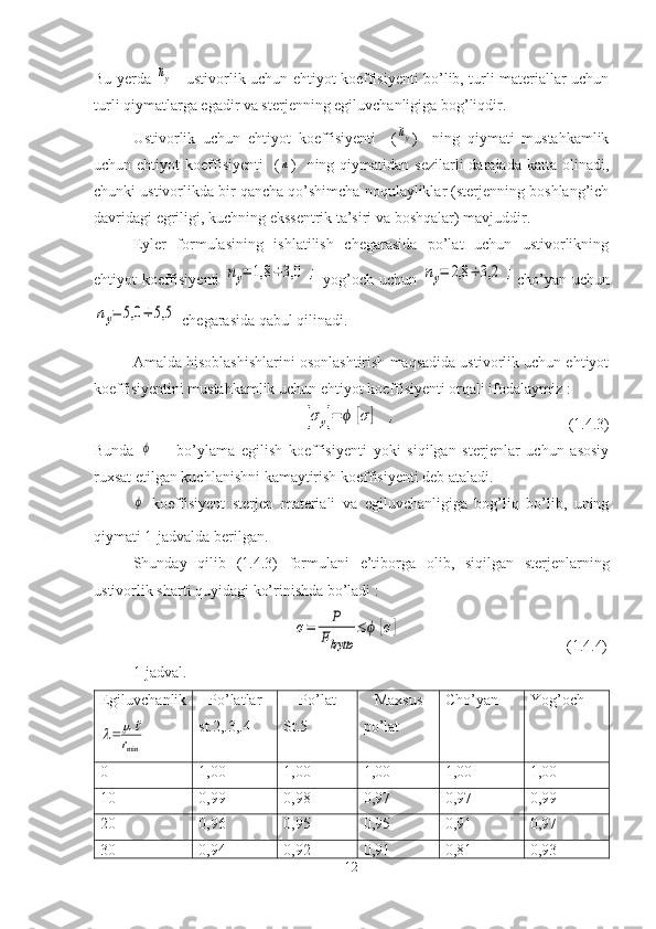 Bu yerda  ny   - ustivorlik uchun ehtiyot koeffisiyenti bo’lib, turli materiallar uchun
turli qiymatlarga egadir va sterjenning egiluvchanligiga bog’liqdir.
Ustivorlik   uchun   ehtiyot   koeffisiyenti     (	
ny )     ning   qiymati   mustahkamlik
uchun ehtiyot   koeffisiyenti     (	
n )   ning  qiymatidan sezilarli  darajada  katta olinadi,
chunki ustivorlikda bir qancha qo’shimcha noqulayliklar (sterjenning boshlang’ich
davridagi egriligi, kuchning ekssentrik ta’siri va boshqalar) mavjuddir.
Eyler   formulasining   ishlatilish   chegarasida   po’lat   uchun   ustivorlikning
ehtiyot koeffisiyenti  	
ny=	1,8	÷	3,0	; yog’och uchun  	ny=	2,8	÷	3,2	; cho’yan uchun	
ny=	5,0	÷	5,5
  chegarasida qabul qilinadi.
Amalda hisoblashishlarini osonlashtirish maqsadida ustivorlik uchun ehtiyot
koeffisiyentini mustahkamlik uchun ehtiyot koeffisiyenti orqali ifodalaymiz :	
[σy]=	ϕ	[σ]	,
                                            (1.4.3)
Bunda  	
ϕ     -   bo’ylama   egilish   koeffisiyenti   yoki   siqilgan   sterjenlar   uchun   asosiy
ruxsat etilgan kuchlanishni kamaytirish koeffisiyenti deb ataladi.
ϕ
  koeffisiyent   sterjen   materiali   va   egiluvchanligiga   bog’liq   bo’lib,   uning
qiymati 1-jadvalda berilgan.
Shunday   qilib   ( 1. 4.3)   formulani   e’tiborga   olib,   siqilgan   sterjenlarning
ustivorlik   sharti   quyidagi   ko’rinishda   bo’ladi :
                                         	
σ=	P	
Fbrytto	
≤	ϕ	[σ]                                                ( 1. 4.4)
1-jadval.
Egiluvchanlik
min	
r	
		 Po’latlar
st.2,.3,.4 Po’lat
St.5 Maxsus
po’lat Cho’yan Yog’och
0 1,00 1,00 1,00 1,00 1,00
10 0,99 0,98 0,97 0,97 0,99
20 0,96 0,95 0,95 0,91 0,97
30 0,94 0,92 0,91 0,81 0,93
12 