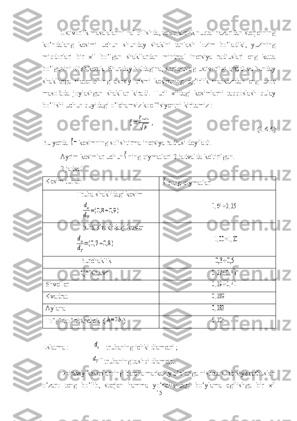 Ustivorlik masalalarini hal qilishda, tejamkorlik nuqtai nazaridan sterjenning
ko’ndalang   kesimi   uchun   shunday   shaklni   tanlash   lozim   bo’ladiki,   yuzining
miqdorlari   bir   xil   bo’lgan   shakllardan   minimal   inersiya   radiuslari   eng   katta
bo’lganini olish kerak. Shunday holdagina, sterjenning ustivorligi ortadi va bunday
shakllarga   materialning   asosiy   qismi   kesimning   og’irlik   markazidan   eng   uzoq
masofada   joylashgan   shakllar   kiradi.   Turli   xildagi   kesimlarni   taqqoslash   qulay
bo’lishi uchun quyidagi o’lchamsiz koeffisiyentni kiritamiz :ξ=	
rmin
√F	
,
                                                          ( 1. 4.6)
Bu   yerda  	
ξ− kesimning   solishtirma   inersiya   radiusi   deyiladi.
Ayrim   kesimlar   uchun	
ξ ning   qiymatlari   2-jadvalda   keltirilgan.
2 -jadval.
Kesim   turlari	
ξ
  ning   qiymatlari
Truba   shaklidagi   kesim	
dи
dT
=(0,8	÷0,9	)
                            	1,64	÷2,25
                    Truba   shaklidagi   kesim
                 	
dи
dT
=(0,7	÷0,8	)	1,00	÷1,20
                     Burchaklik
                              	
0,3	÷0,5
                     Qo’shtavr
                            	
0,27÷0,41
Shveller
                            	
0,29÷0,41
Kvadrat
                            	
0,289
Aylana
                            	
0,283
To’g’rito’rtburchak  (	
h=2b )
                            	0,204
Eslatma :              	
dи -  trubaning   ichki   diametri ;
                  
dT− trubaning   tashqi   diametri. 
Doiraviy kesimlarning barcha markaziy o’qlariga nisbatan inersiya radiuslari
o’zaro   teng   bo’lib,   sterjen   hamma   yo’nalishdagi   bo’ylama   egilishga   bir   xil
15 