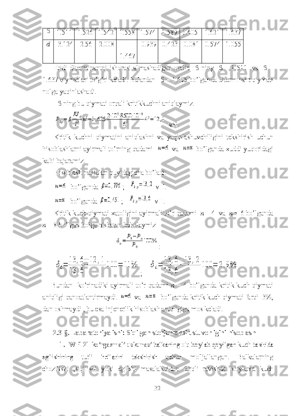 
1.511 1.526 1.542 1.558 1.574 1.589 1.605 1.621 1.637
d -3.124 -2.56 -2.008 -
1.467 -0.939 -0.423 0.081 0.574 1.055
Endi  diterminantni   ishorasi  almashadigan  oraliq        ning        =  1.5 11     va        =
1.6 37 qiymatlari to’g’ri keladi. Bulardan      = 1.605 bo’lganda diterminant qiymati
nolga yaqinlashadi.
     ning bu qiymati orqali kritikkuchni aniqlaymiz.Pkp=	βEJ	0
l2	n2=1,605	2⋅10	5⋅8500	⋅10	−8	
62	42=12	,1
 мН.
Kritik   kuchni   qiymatini   aniqlashni   va   yaqinlashuvchiligini   tekshirish   uchun
hisoblashlarni ayirmali to’rning qadami  
n=6  va  	n=8  bo’lganda xuddi yuqoridagi
kabi bajaramiz. 
Hisoblash natijalari quyidagicha bo’ladi:	
n=6
  bo’lganda 	β=0,776 ;   	Pkp=13	,2  мН.	
n=8
  bo’lganda 	β=0,451 ;   	Pkp=13	,6  мН.
Kritik kuch qiymati xatoligini ayirmali to’r qadami   n  = 4  va   n  = 6 bo’lganda
n  = 8 bo’lgan holga nisbatan baholaymiz 
  	
δn=P8−Pn	
P8	
100	% :	
δ4=	
13	,6−	12	,1	
13	,6	
100	=	11	%
;    	δ4=	
13	,6−	13	,2	
13	,6	
100	=	2.9% .
Bundan   ko’rinadiki  ayirmali  to’r  qadami   n   = 4 bo’lganda kritik kuch qiymati
aniqligi qanoatlantirmaydi. 	
n=6  va  	n=8   bo’lganda kritik kuch qiymati farqi  3%,
dan oshmaydi , bu esa injenerlik hisoblash aniqligiga mos keladi.
2.3 -§.  Labaratoriya ishi: Siqilgan sterjenlarni ustuvorligini hisoblash 
    1.  W P 12 1 	
ko'rgazmali uskunasi 	balkaning  o'q 	bo'ylab qo'yilgan  kuch 	ta'sirida	
egilishining  
turli  	hollarini   tekshirish   uchun   mo'ljallangan.   Balkalarning
chozilishi   ,siqilishi   yoki   egilshi   masalalaridan   farqli   ravishda   bo'ylama   kuch
32 