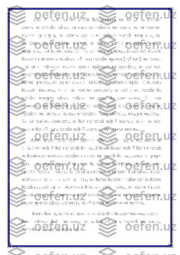 Дар   ин   илм   тамоми   атроф   баршумурда   мешавщ,д   ва   атрофи
асмоъ   ва   атрофи   афьол   аз   якдигар   тафкик   мешаванд   ва   аз   тамоми
холоти   гуногуне,   ки   асмоъ   дар   онхо   кабули   иъроб   мекунанд,   ёд
мешавад.   Ва   аз   тамоми   долоте,   ки   афъол   дар   онхо   кабули   иъроб
мекунанд,   низ   ёд   мешавад. Он гол дониста мешавад, ки дар хар холате
ба дар як аз асмоъ   ва афъол чй навь тарафе мулхак (пайвасг) мешавад.
Пас   аз   он   ибтидои   холоти   асмои   муфради   мунсарифро,   ки   дар   хар
холат тарафе махсус аз   атрофи асмоъ ба онхо муттасил мешавад, як-як
бармешуморад, сипас   монанди   он   ахволро   дар   исмхои   мусанно   ва   чамъ
ба   даст   медихад,   то   он   ки   тамоми   ахволеро,   ки   дар   онхо   тарафе   ба
атрофи   махсуси   афъол   табдил   мешавад,   ба   даст   дихад.   Он   гож
исмхоеро,   ки   бархе   аз   эъробхоро   кабул   мекунанд   ва   ин   ки   кадом
тарафро мепазиранд ва кадом тарафро   намепазиранд, маълум медорад.
Сипас  тамоми   исмхоеро,  ки   бар   як   тараф  мабнй  хасганд  ва  ин  ки   хар
кадо.м бар чй навь тарафе мабнй   ластанд,   мушаххас месозад.
Аммо адавот: агар одати акли он забон ин бошад, ки хар кадом аз
он адотхо мабнй бар як тараф бошад, ё баъзе факат мабнй бар як тараф
ва баъзе дар мавриди тарафхои дигар мунсариф бошад, ламаи ин умур
бояд   шинохта   шавад.   Агар   голе   ба   алфозе   барх ранд,ӯ   ки   дар   онхо
дучори   тардид   шаванд,  ки   оё  аз  адавот  аст  ё аз  асмо  ё  аз  афъол  ё дар
мавриди   онко ин пиндор пеш ояд, ки бархе ба асмо шабех аст ва бархе
ба   афъол,   дар   чунин   мавориде   бояд   дониста   шавад,   ки   кадом   як   дар
радифи асмо   карор   мегирад   ва   чй   атроф   ва   лавочке   мепазирад   ва   кадом
як   дар   зумраи   афьол   дармеояд   ва   чй   атроф ва   лавохике   мегирад.
Аммо бахше, ки танхо кавонини таркибро ба даст медихад: дар ин
бахш   ибтидо   баён   мешавад,   ки   алфоз   чй   [уна   таркиб   мешаванд,
тартиби   ондо   дар он забон   чй 
