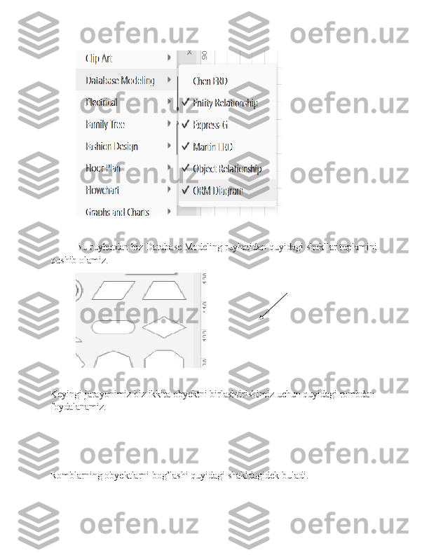 Bu ruyhatdan biz Database Modeling ruyhatidan quyidagi shakllar tuplamini
qushib olamiz.
Keyingi jarayonimiz biz ikkita obyektni birlashtirishimiz uchun quyidagi rombdan 
foydalanamiz.
Romblarning obyektlarni bog’lashi quyidagi shakldagidek buladi. 