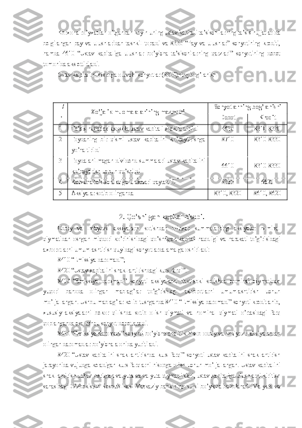 Korxona ro’yxatdan o’tgandan keyin uning ustav kapitali ta’sischilarning ta’sis hujjatlarida
belgilangan   pay   va   ulushlaridan   tashkil   topadi   va   8330   “Pay   va   ulushlar”   schyotining   krediti,
hamda   4610   “Ustav   kapitaliga   ulushlar   bo’yicha   ta’sischilarning   qarzlari”   schyotining   debet
tomonida aks ettiriladi.
Ustav kapitalini hisobga oluvchi schyotlar (8300)ning bog’lanishi
  T/
r Xo’jalik muomalalarining mazmuni Schyotlarning bog’lanishi
Debet Kredit
1 Ta’sis hujjatlari asosida ustav kapitali shakllantirildi 4610 8310-8330
2 Foydaning   bir   qismi   ustav   kapitalini   ko’paytirishga
yo’naltirildi 8710 8310-8330
3 Foydalanilmagan   dividend   summalari   ustav   kapitalini
ko’paytirish uchun qo’shildi 6610 8310-8330
4 Korxona ta’sischilariga ulushlari qaytarildi 8330 6620
5 Aksiyalar sotib olinganda 8310 ,  83 2 0 8610, 8620
2. Qo’shilgan kapital hisobi .  
Oddiy   va   imtiyozli   aksiyalarni   sotishdan   olingan   summalarning   aksiyalar   nominal
qiymatidan   oshgan   miqdori   ko’rinishidagi   qo’shilgan   kapital   naqdligi   va   harakati   to’g’risidagi
axborotlarni umumlashtirish quyidagi schyotlarda amalga oshiriladi:
8410 “Emissiya daromadi”;
8420 “Ustav kapitalini shakllantirishdagi kurs farqi”.
8410   “Emissiya   daromadi”   schyoti   aksiyalarni   dastlabki   sotishda   nominal   qiymatidan
yuqori   bahoda   olingan   mablag’lar   to’g’risidagi   axborotlarni   umumlashtirish   uchun
mo’ljallangan. Ushbu mablag’lar kelib tushganda 8410 “Emissiya daromadi” schyoti kreditlanib,
xususiy   aksiyalarni   bekor   qilishda   sotib   olish   qiymati   va   nominal   qiymati   o’rtasidagi   farq
qoplanganda esa ushbu schyot debetlanadi.
8410 “Emissiya daromadi” schyoti bo’yicha analitik hisob oddiy va imtiyozli aksiyalardan
olingan daromadlar bo’yicha alohida yuritiladi.
8420   “Ustav   kapitalini   shakllantirishda   kurs   farqi”   schyoti   ustav   kapitalini   shakllantirish
jarayonida vujudga keladigan kurs farqlarni hisobga olish uchun mo’ljallangan. Ustav kapitalini
shakllantirish uchun berilgan valyuta va valyuta qiymatliklari, ustav kapitaliga ulushlarni kiritish
sanasidagi O’zbekiston Respublikasi Markaziy bankining kursi bo’yicha baholanadi. Valyuta va 