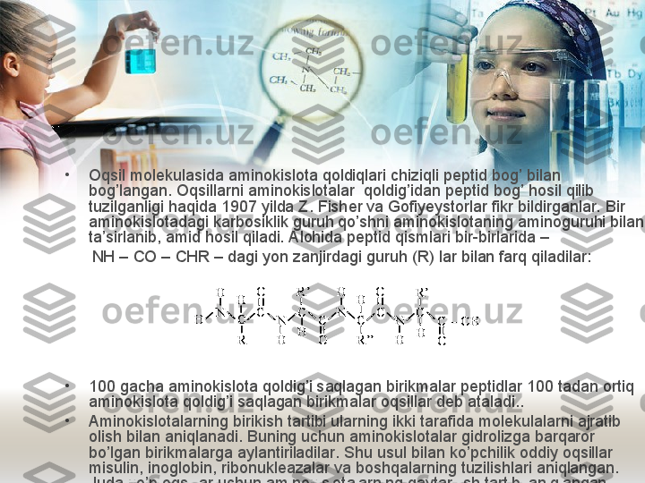 •
Oqsil molekulasida aminokislota qoldiqlari chiziqli peptid bog’ bilan 
bog’langan. Oqsillarni aminokislotalar  qoldig’idan peptid bog’ hosil qilib 
tuzilganligi haqida 1907 yilda Z. Fisher va Gofiyeystorlar fikr bildirganlar. Bir 
aminokislotadagi karbosiklik guruh qo’shni aminokislotaning aminoguruhi bilan 
ta’sirlanib, amid hosil qiladi. Alohida peptid qismlari bir-birlarida – 
       NH –  C O –  CH R – dagi yon zanjirdagi guruh (R) lar bilan farq qiladilar:
•
100 gacha aminokislota qoldig’i saqlagan birikmalar peptidlar 100 tadan ortiq 
aminokislota qoldig’i saqlagan birikmalar oqsillar deb ataladi..
•
Aminokislotalarning birikish tartibi ularning ikki tarafida molekulalarni ajratib 
olish bilan aniqlanadi. Buning uchun aminokislotalar gidrolizga barqaror 
bo’lgan birikmalarga aylantiriladilar. Shu usul bilan ko’pchilik oddiy oqsillar 
misulin, inoglobin, ribonukleazalar va boshqalarning tuzilishlari aniqlangan. 
Juda ko’p oqsillar uchun aminokislotalarning qaytarilish tartibi aniqlangan. N
H	
H	C
H
R	
C
O	
N
H	
C
R’
H	
C
O	
N
H	
C
H
R’’	
C
O	
N
H	
C
R’
H	
C 	–	OH	
O	
N
H	
H	C
H
R	
C
O	
N
H	
C
R’
H	
C
O	
N
H	
C
H
R’’	
C
O	
N
H	
C
R’
H	
C 	–	OH	
O 