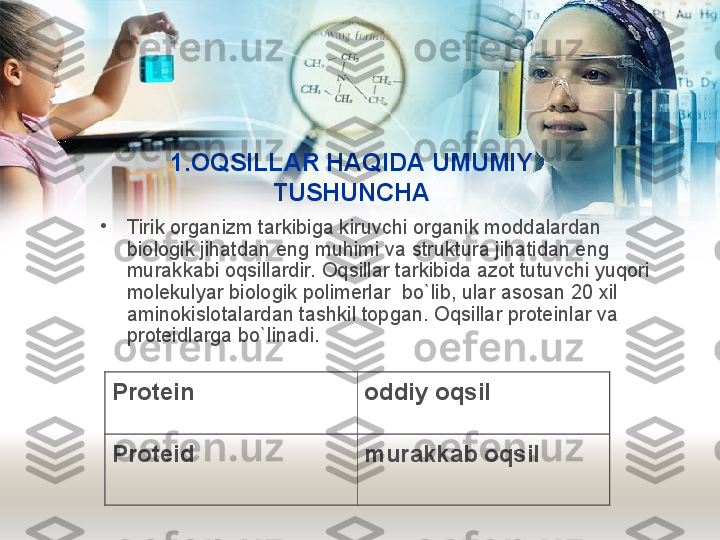 1.OQSILLAR HAQIDA UMUMIY 
TUSHUNCHA
•
Tirik organizm tarkibiga kiruvchi organik moddalardan 
biologik jihatdan   eng muhimi va struktura jihatidan eng 
murakkabi oqsillardir. Oqsillar tarkibida azot tutu v chi yuqori 
molekulyar biologik polimerlar  bo`lib, ular asosan 20 xil 
aminokislotalardan tashkil topgan.  Oqsillar proteinlar va 
proteidlarga bo`linadi.
Protein o ddiy oqsil
Proteid murakkab oqsil 