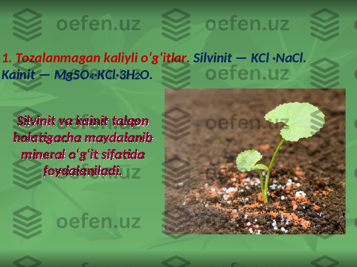 Silvinit va kainit talqon Silvinit va kainit talqon 
holatigacha maydalanib holatigacha maydalanib 
mineral o‘g‘it sifatidamineral o‘g‘it sifatida
foydalaniladi.foydalaniladi.1. Tozalanmagan kaliyli o‘g‘itlar.  Silvinit — KCl ·NaCl.
Kainit — MgSO 4 ·KCl·3H 2 O. 