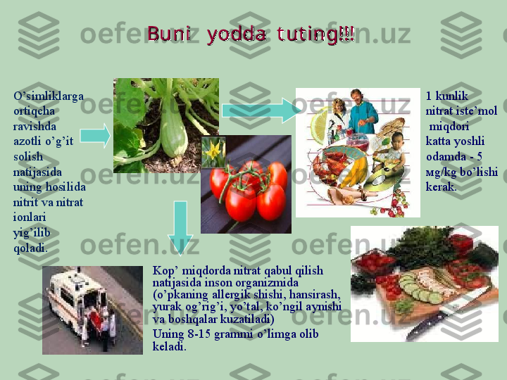 Buni   y odda  t ut ing!!! Buni   y odda  t ut ing!!! 
1 kunlik  
nitrat iste’mol 
 miqdori  
katta yoshli 
odamda  - 5 
м g / kg bo’lishi 
kerak . 
Kop’ miqdorda nitrat qabul qilish 
natijasida inson organizmida 
(o’pkaning allergik shishi, hansirash,  
yurak og’rig’i, yo’tal, ko’ngil aynishi 
va boshqalar kuzatiladi) 
Uning 8-15 grammi o’limga olib 
keladi. O’simliklarga 
ortiqcha 
ravishda 
azotli o’g’it 
solish 
natijasida 
uning hosilida 
nitrit va nitrat 
ionlari  
yig’ilib 
qoladi.  