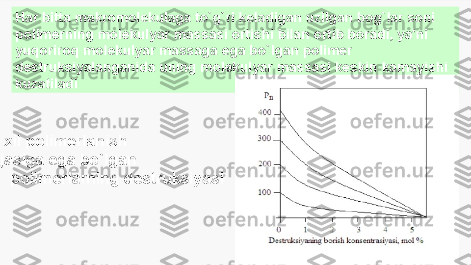 Enter titleHar bitta  makromo lekulaga to`g`ri keladigan uzilgan bog`lar soni 
polimerning  molekul yar massasi ortishi bilan ortib boradi, ya'ni 
yuqoriroq molekulyar massaga  ega b o`lgan polimer 
destruksiyalanganida uning molekulyar massasi keskin  kamayis hi 
kuzatiladi 
Turli xil polimerlanish 
darajasiga ega bo`lgan 
polimerlarning destruksiyasi 