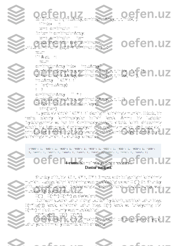 def Combination(inputArray, combinationArray, n, r, index, i):
    if index == r:
    temp_combination = ""
for item in combinationArray:
    temp_combination += item
unique_combination[temp_combination]   =
unique_combination.get(temp_combination, 0) + 1
return
if i & gt; = n:
    return
combinationArray[index] = inputArray[i]
Combination(inputArray, combinationArray, n, r, index + 1, i + 1);
Combination(inputArray, combinationArray, n, r, index, i + 1);
inputArray = "RGYBIB"
n = len(inputArray)
r = 3
combinationArray = [""] * r
Combination(inputArray, combinationArray, n, r, 0, 0)
for item in unique_combination.keys():
    print(item)
Bu yerda siz kiritish "RGYBIB" ekanligini ko'rishingiz mumkin. Odatda, bir
nechta   takroriy   kombinatsiyalar   bo'lishi   kerak.   Ammo   biz   lug'atdan
foydalanganimiz   va   har   bir   Kombinatsiyani   kalit   sifatida   ko'rib   chiqqanimiz
sababli, biz faqat noyob Kombinatsiyani chop etishimiz mumkin. Endi, agar siz "
print (unique_combination) " deb yozsangiz, har bir kombinatsiyaning chastotasini
ko'rishingiz mumkin.  Bu shunday ko'rsatiladi:
4-rasm.  Kombinatsiyaning chastotasi.
Dastur natijasi.
Shunday qilib, biz RGB, RYB, GYB 2 marta sodir bo'lganligini ko'rishimiz
mumkin. Lug'atga kalitni kiritishning vaqt murakkabligi asosan O (1) dir. Shunday
qilib,   agar   siz   lug'atdan   foydalansangiz,   kodni   ishlatish   uchun   umumiy   vaqt
murakkabligi quyidagicha bo'ladi: 
O(1) + O(n*n) O(n*n) ga ekvivalent.
Dublikatni kuzatish uchun oldingi usuldan foydalanib, tartiblash uchun bizga
O(n*log(n))   kerak;   solishtirish   uchun   bizga   O(n)   kerak   va   funksiyaning   o ziʻ
O(n*n) ni oladi. Umumiy vaqt murakkabligi:
O(n*log(n)) + O(n) +O(n*n)
Kombinatorikaning   o’rin   almashtirish   amalini   to’liqroq   tushunib   yetish
uchun yana bir misol yordamida ko’rib chiqamiz:  