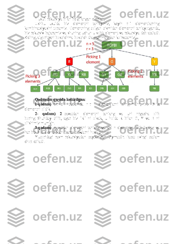 1-usul: rekursiya bilan belgilangan element
Ushbu   usulda   biz   elementni   tanlaymiz,   keyin   r-1   elementlarning
kombinatsiyasini topamiz. Elementning qolgan qismidan elementni tanlayotganda,
biz rekursiv bajaramiz va shuning uchun u sobit element va rekursiya deb ataladi.
Keling, algoritmni bosqichma-bosqich diagramma bilan ko'rsatamiz:
Qadamlar quyida keltirilgan:  
1-qadam)   Birinchi   qatlamda   n-r+1   elementlarni   oling.   Ya'ni,   biz   3   ta
elementni oldik.
2-   qadam)   2   -qavatdan   elementni   tanlang   va   uni   nrgacha   olib
boring.   Shunday   qilib,   agar   biz   "R"   ni   olsak,   u   holda   R   bilan   G,   Y   va   B   ni
olishimiz mumkin.
3-qadam)   -qavatdan   elementni   tanlang   va   uni   n-elementga   olib   boring   va
har biri 3 ta elementdan iborat bloklarni hosil qiling.
Yuqoridagi   rasm   rekursiyadan   qaytarilgan   qiymatdir.   Faqat   oxirgi   qatlam
chop etiladi. 