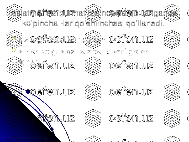 eslatma: siz hurmat ma‘nosida qo‘llanganda 
ko‘pincha -lar qo‘shimchasi qo‘llanadi. 

sizlarga baxt yor bo‘lsin. 

sizlar kelgusida talabalik baxtiga er 
ishingiz.  