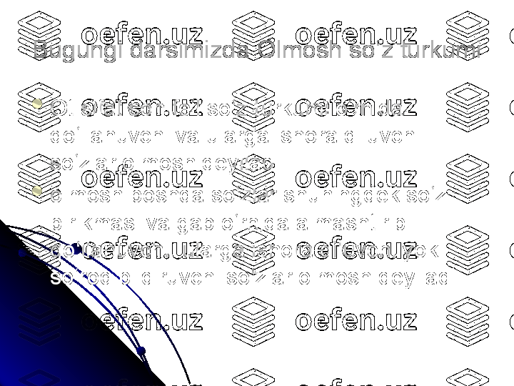 Bugungi darsimizda Olmosh so‘z turkumi

Ot sifat son fe‘l so‘z turkumi o‘rnida 
qo‘llanuvchi va ularga ishora qiluvchi 
so‘zlar olmosh deyiladi.

olmosh boshqa so‘zlar shuningdek so‘z 
birikmasi va gap o‘rnida almashtirib 
qo‘llanuvchi  ularga ishora qiluvchi yoki 
so‘roq bildiruvchi so‘zlar olmosh deyiladi.   